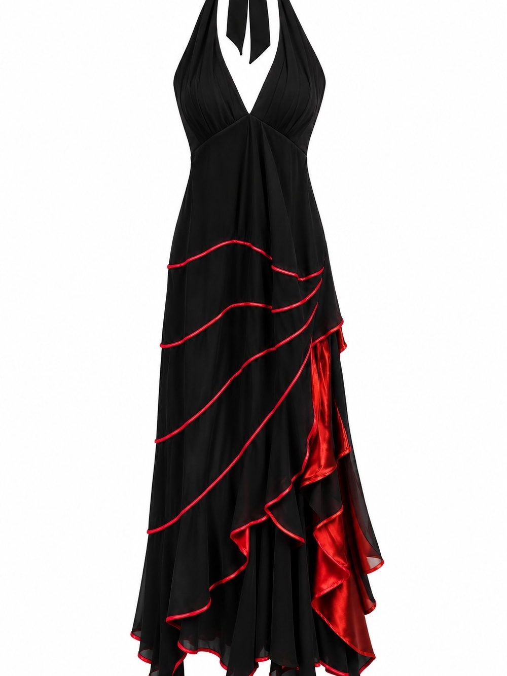 Halter Neck Black and Red Layered Evening Dress
